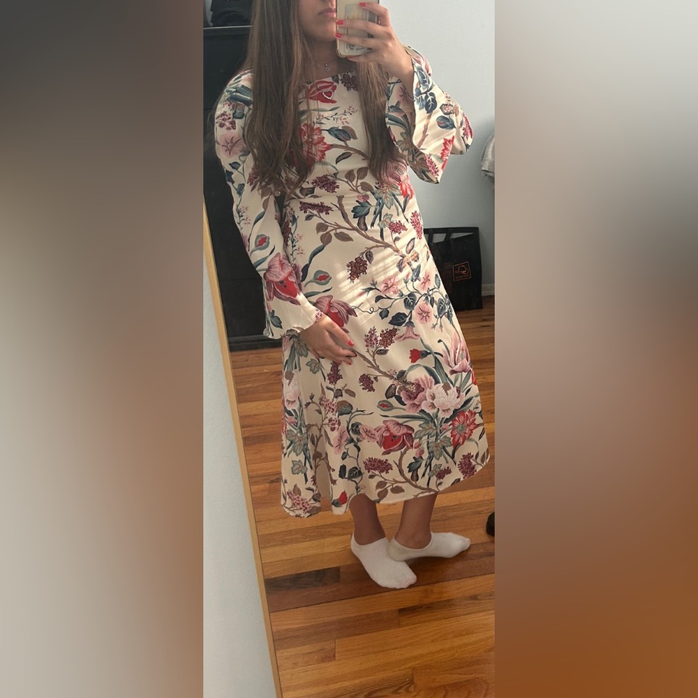 ASOS Cream Floral Long-Sleeve Midi Dress with Pink & Red Blooms